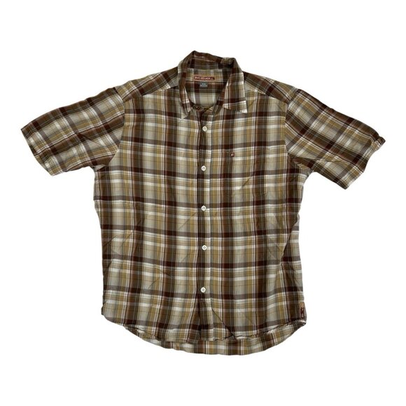 Vintage Quiksilver Short Sleeve Plaid Shirt Brown Surfing Y2K Size Medium - Picture 1 of 7
